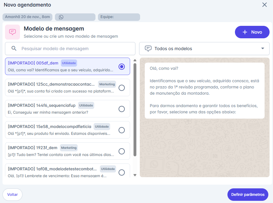 Seleção de modelo de mensagem