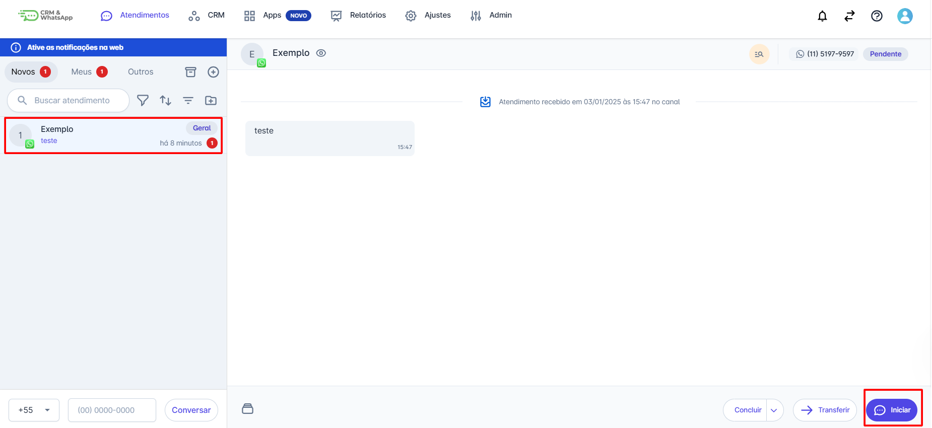 Botão iniciar atendimento