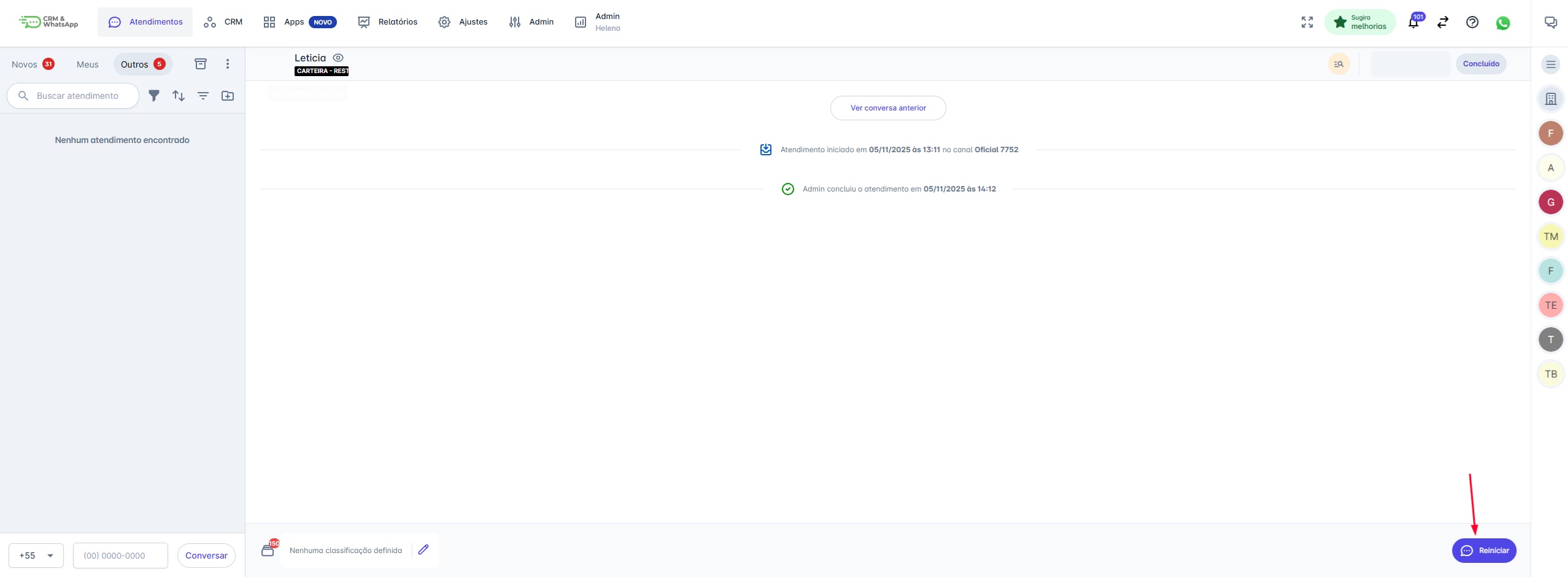 Botão reiniciar atendimento