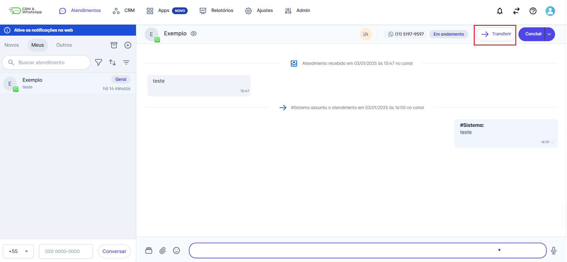 Botão transferir atendimento