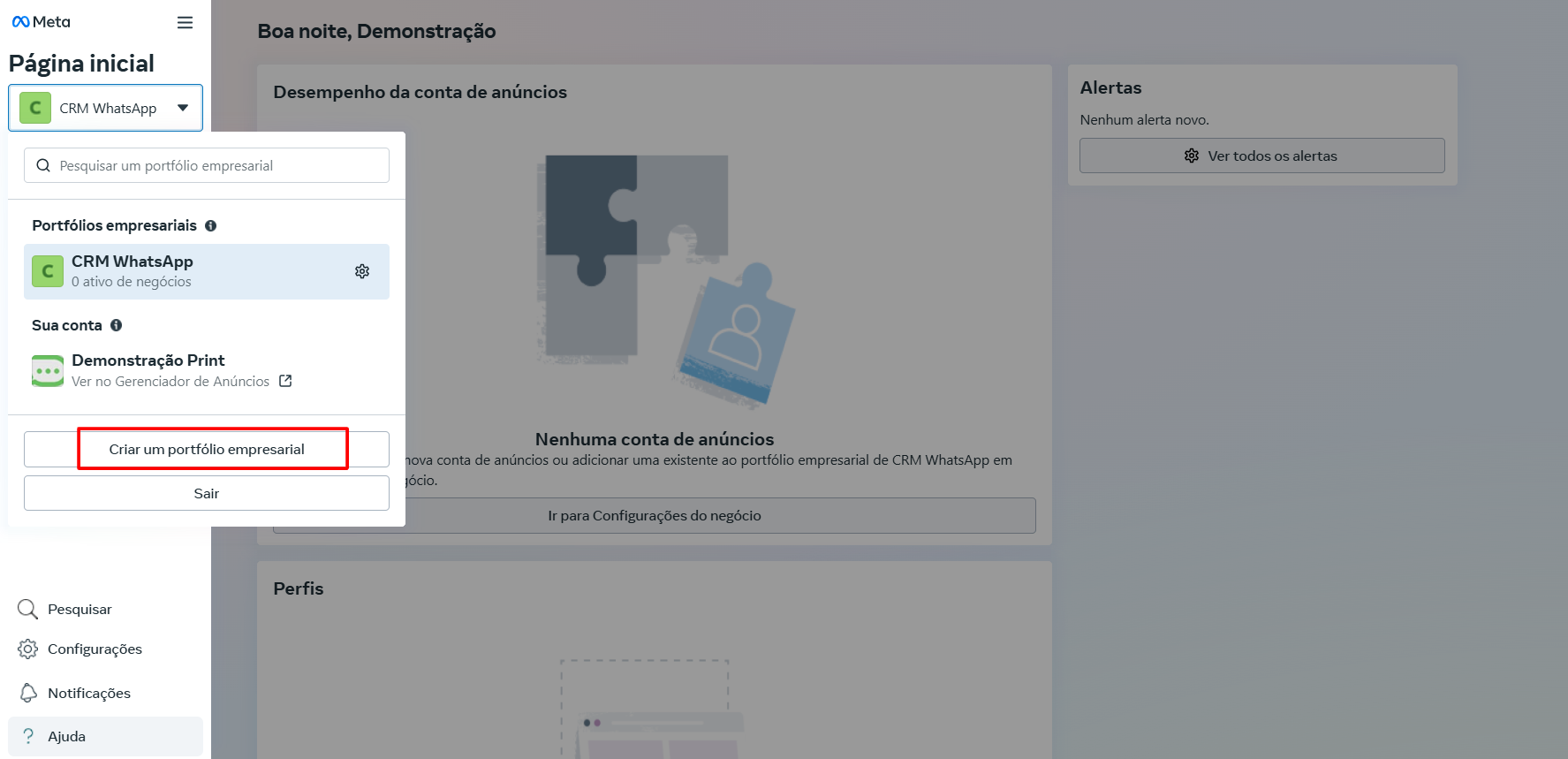 Página inicial do Meta Business Manager