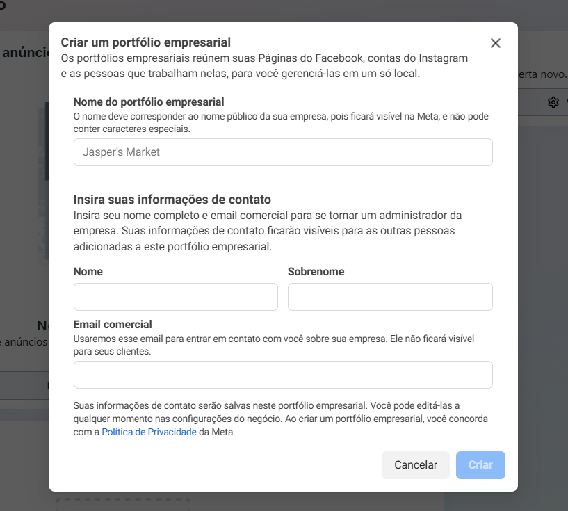 Formulário de criação do portfólio empresarial