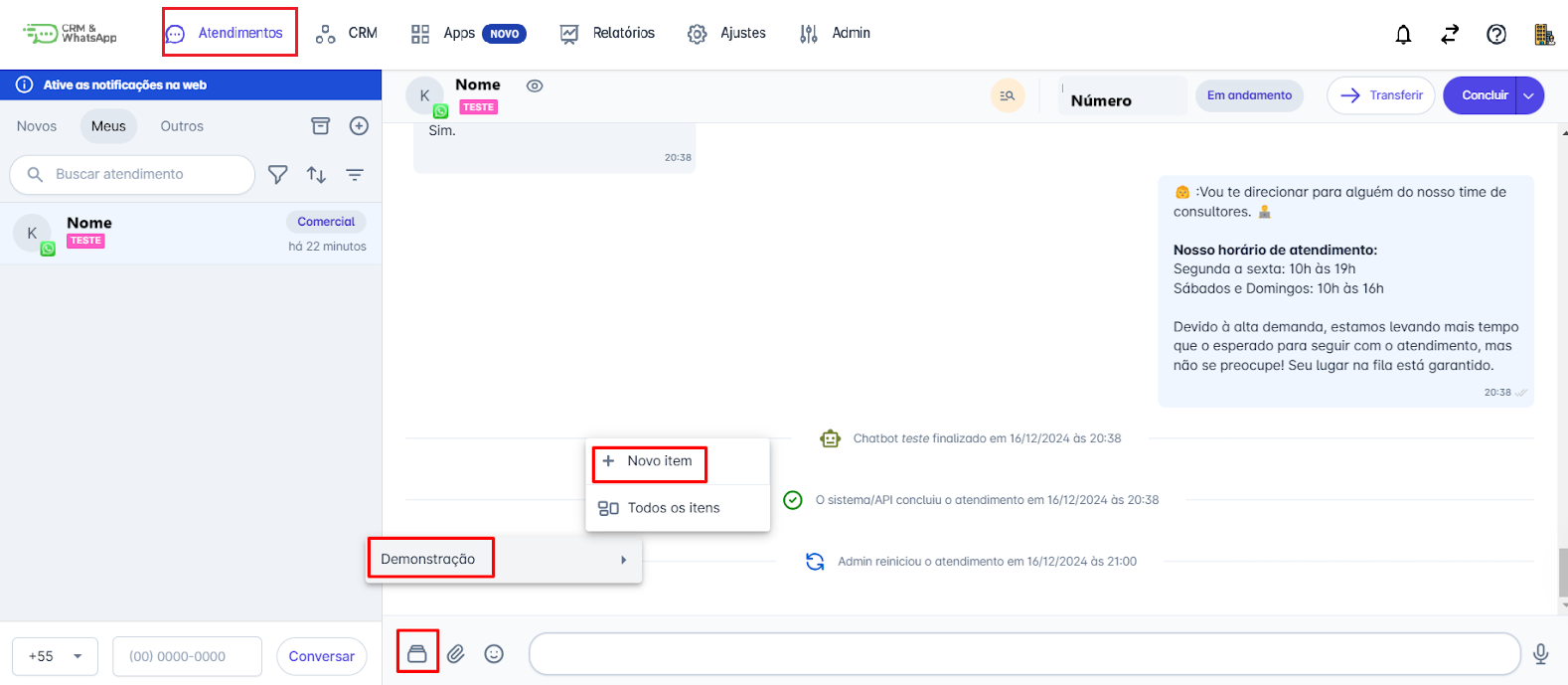 Menu de seleção de painel