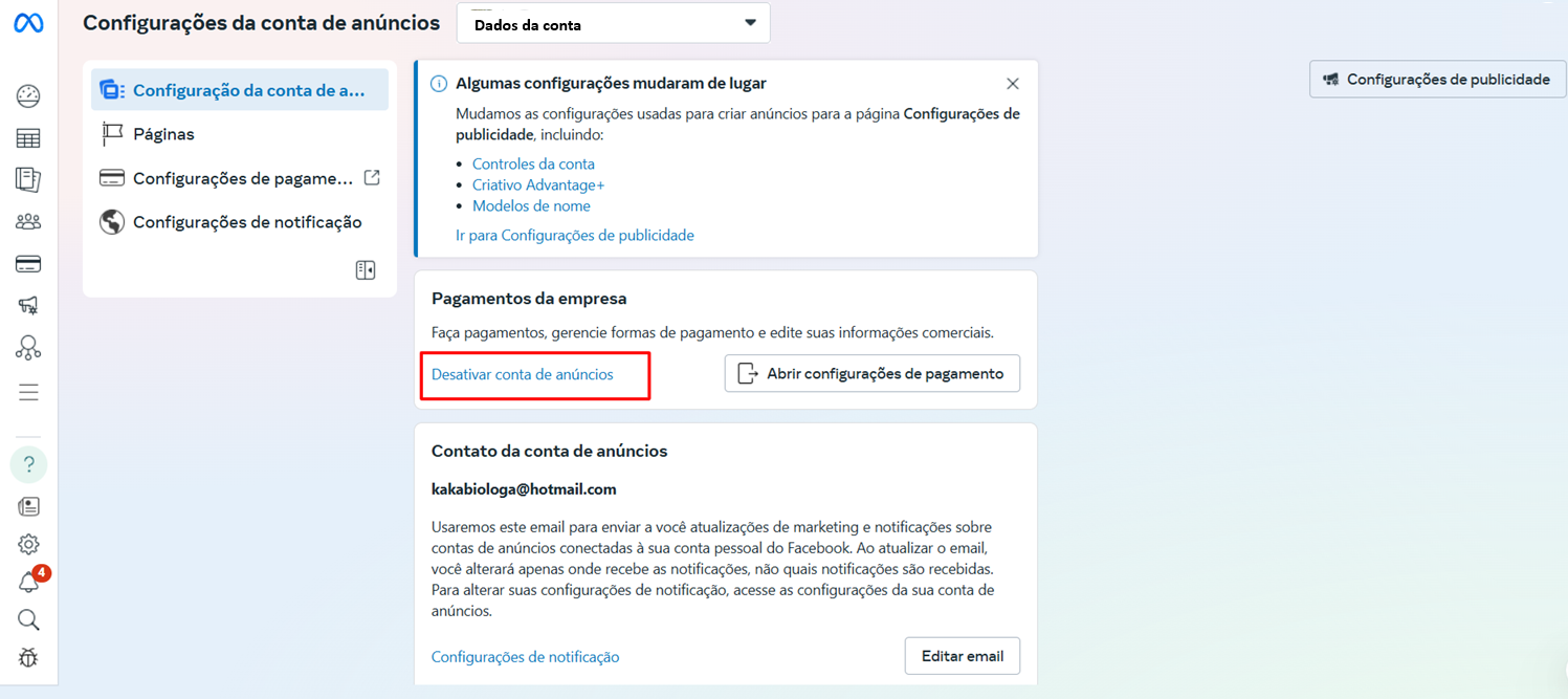 Desativar conta de anúncios
