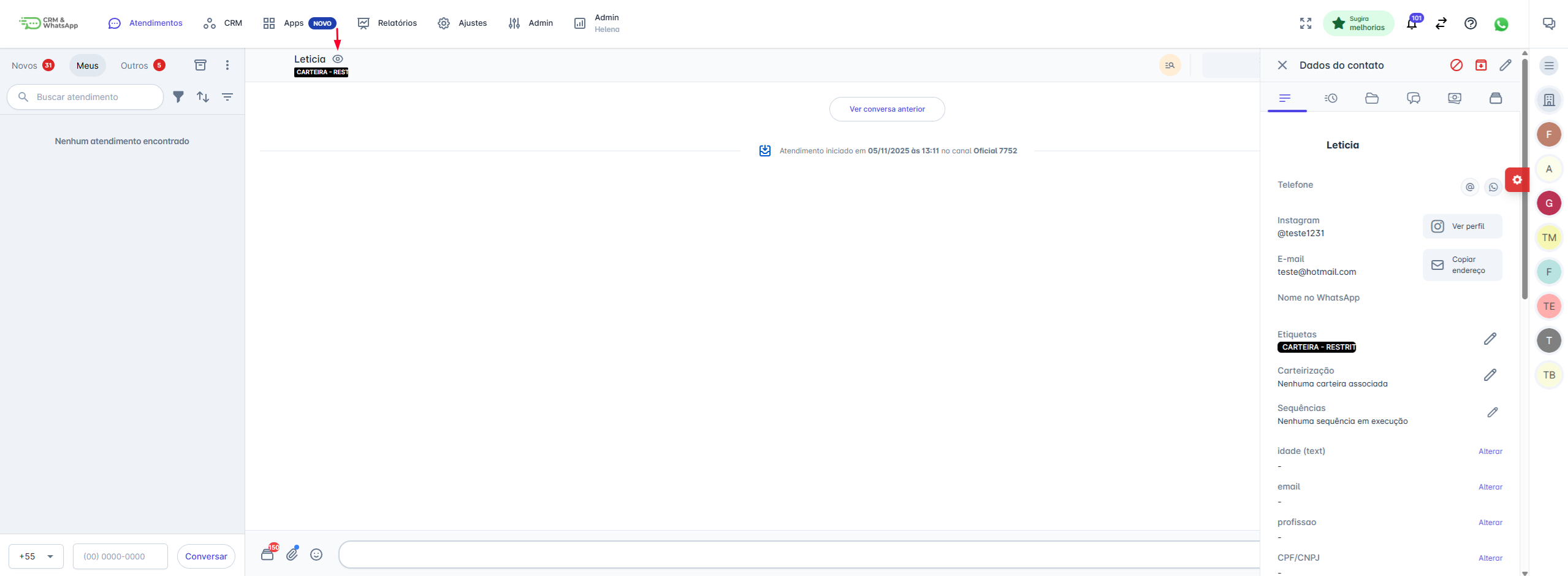 Painel de detalhes do contato