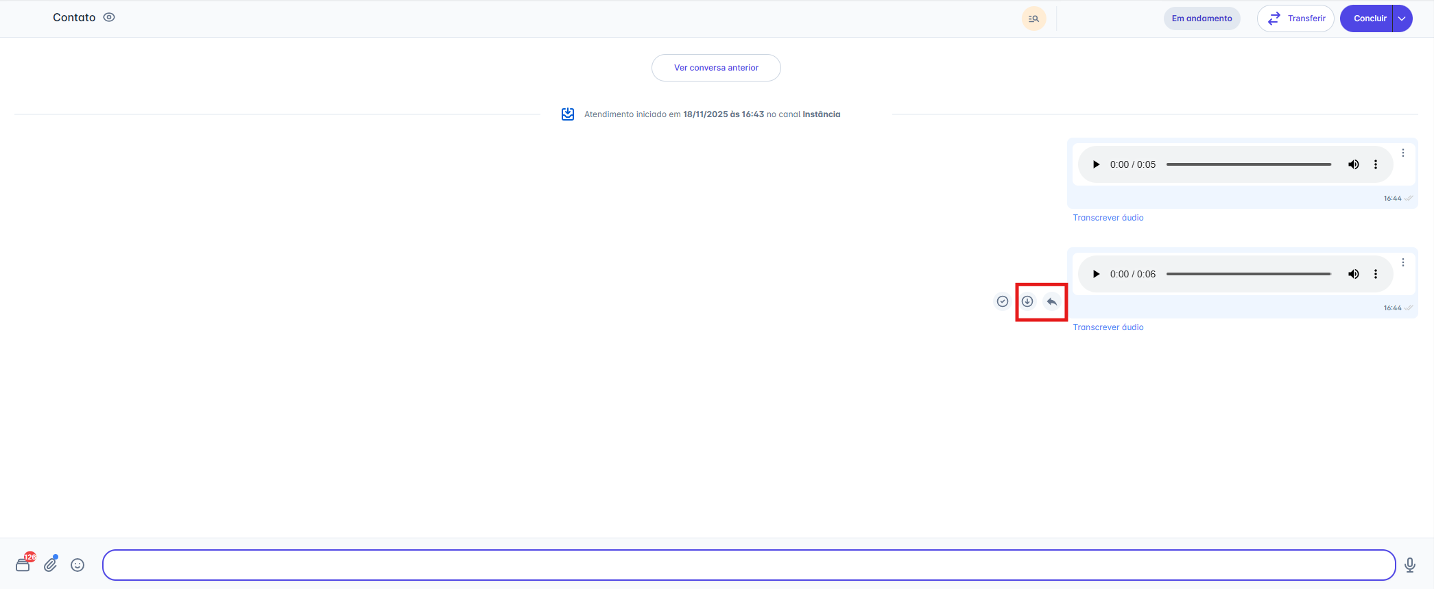 Ações ao passar o mouse