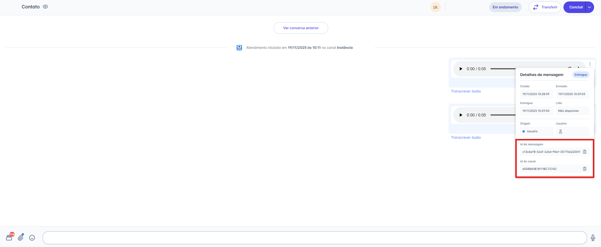 Detalhes da mensagem