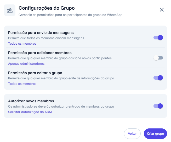 Configurações do grupo