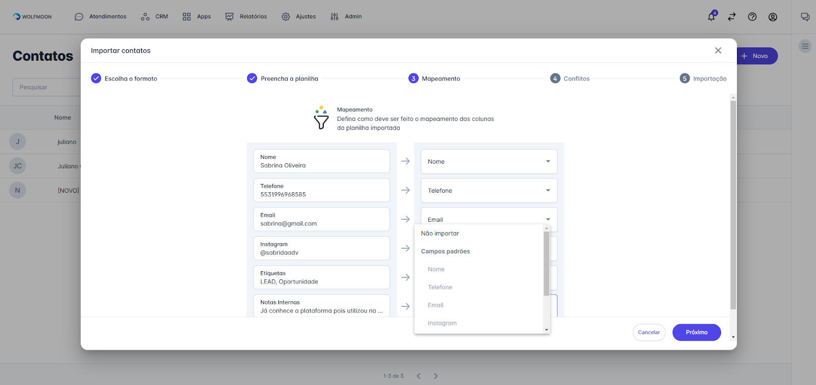 Mapeamento de colunas