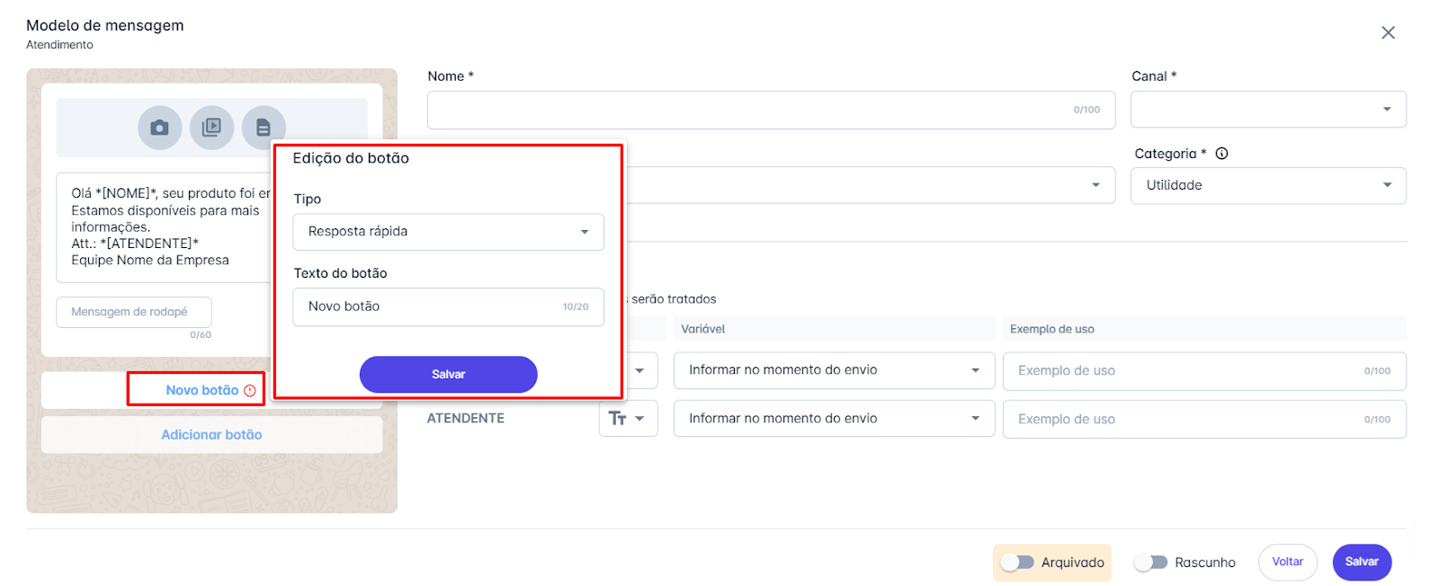 Configuração de botões