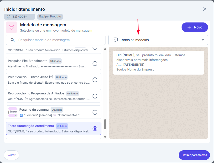 Seleção de modelo de mensagem