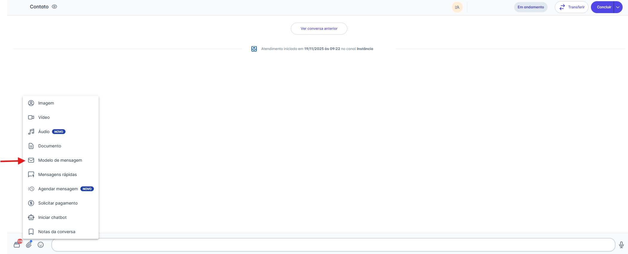 Menu de anexos - Modelo de mensagem