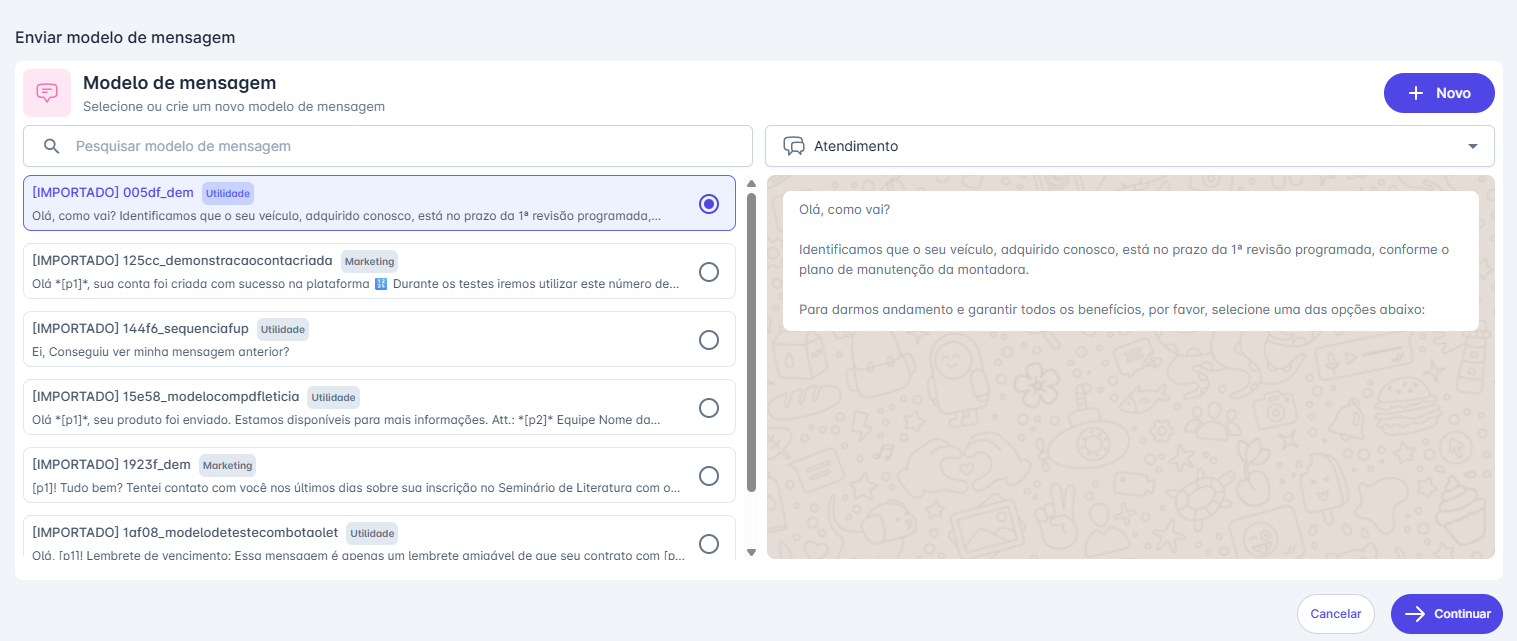 Selecionar modelo de mensagem