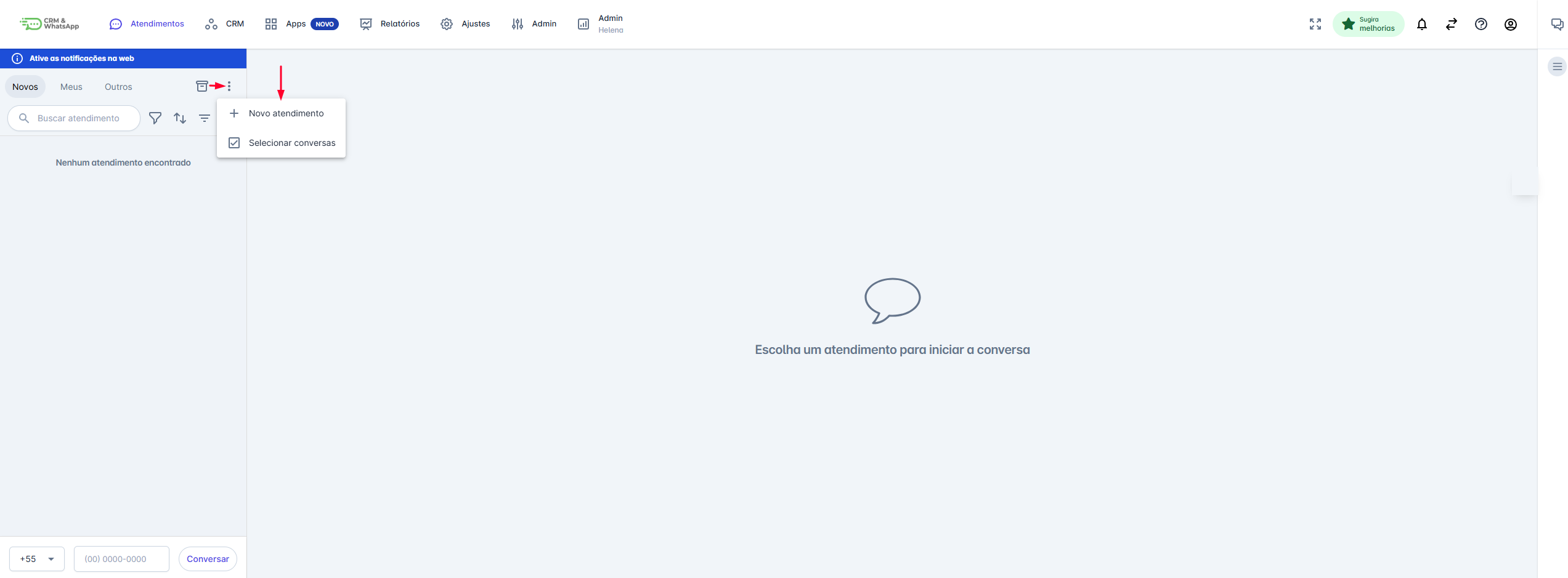Menu novo atendimento