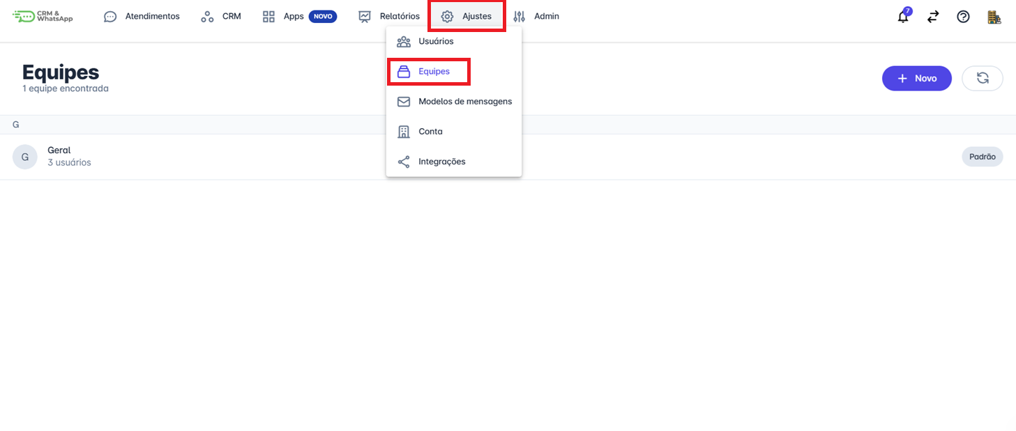 Menu Ajustes Equipes