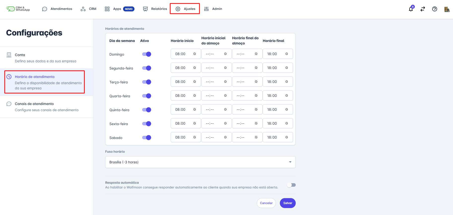 Menu Horário de Atendimento
