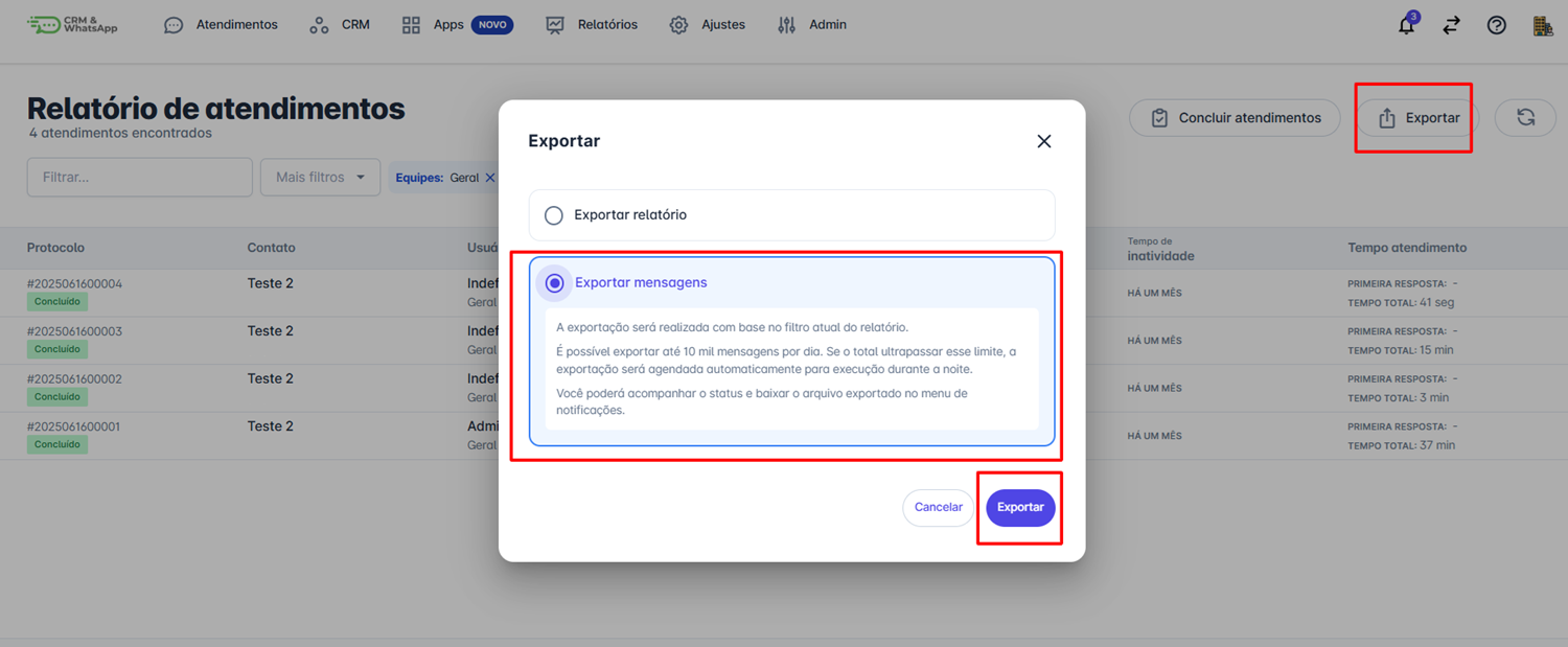 Opção Exportar Relatório