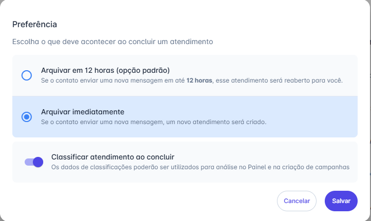 Menu de preferências de arquivamento