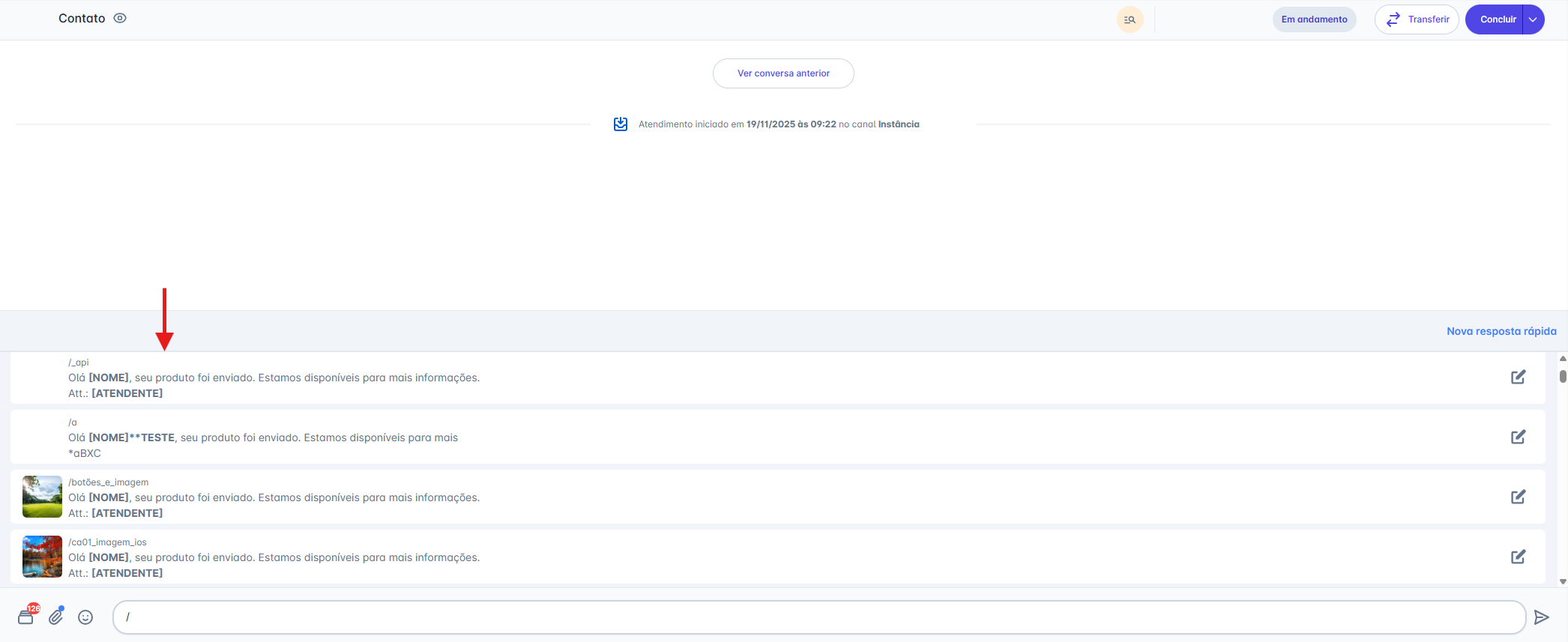 Lista de mensagens rápidas
