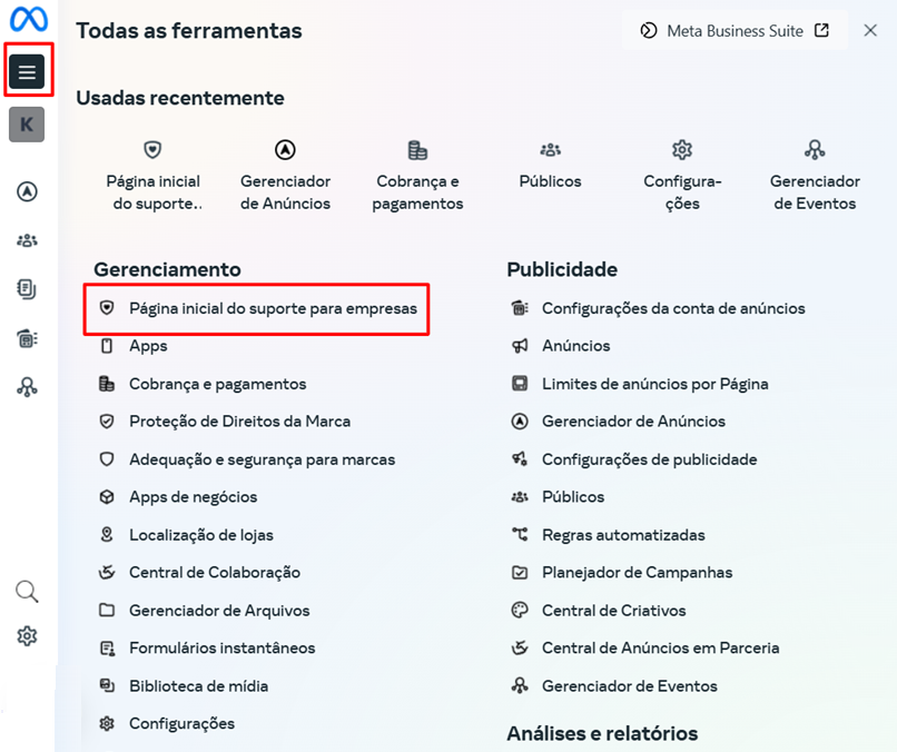 Página inicial de suporte