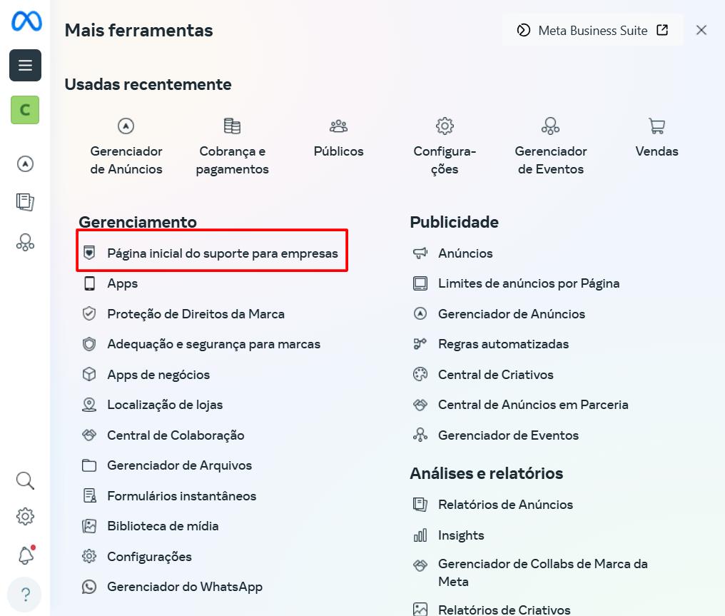 Página Inicial do Suporte
