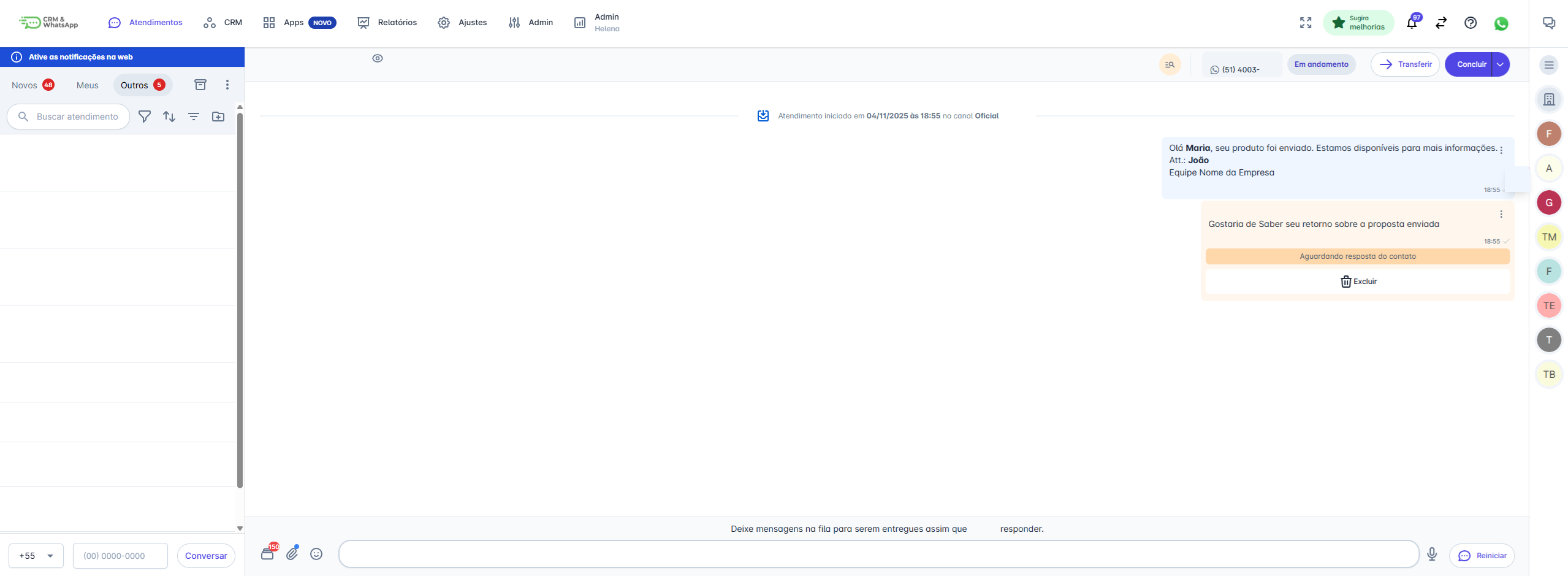 Tela do atendimento iniciado
