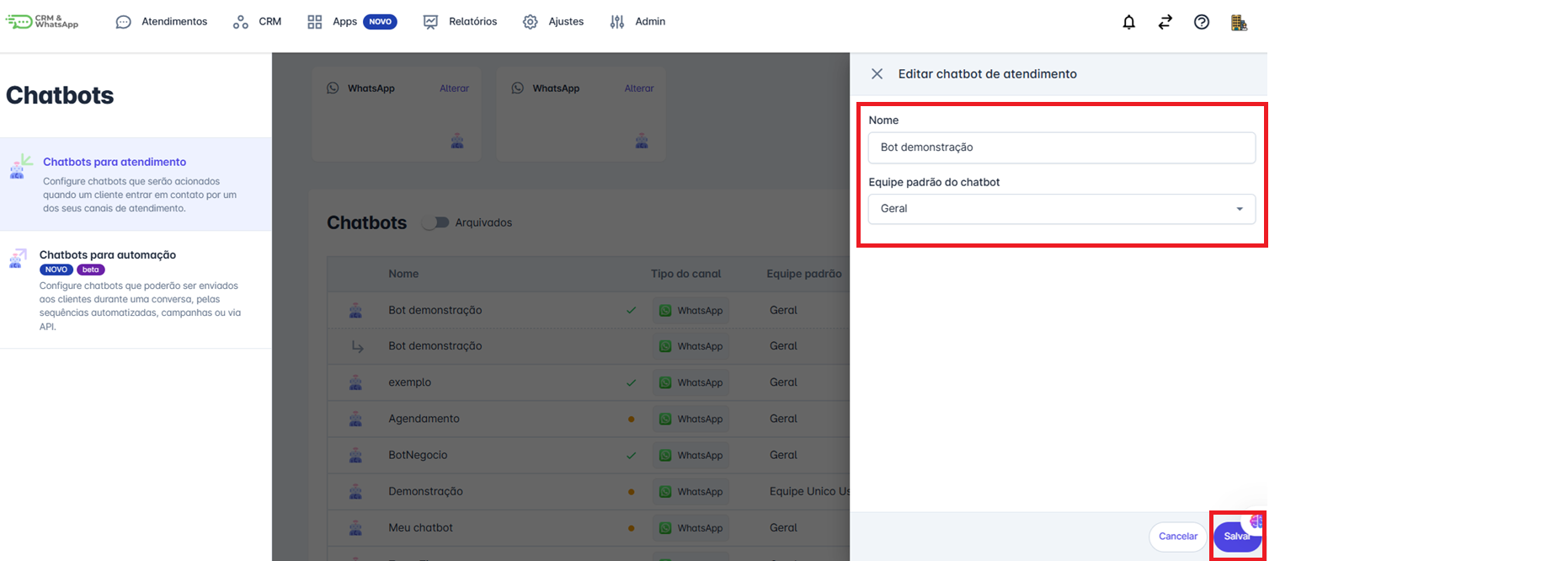 Configurações de equipe