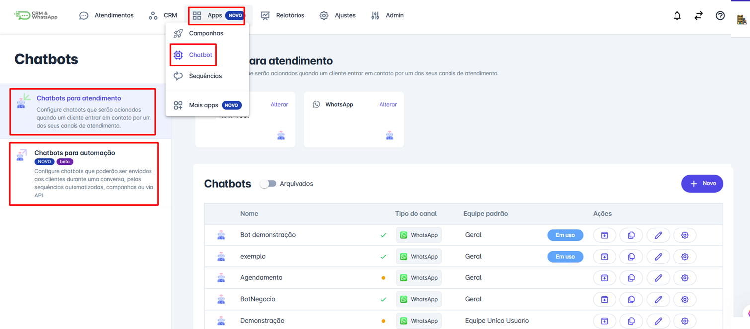 Listagem de chatbots