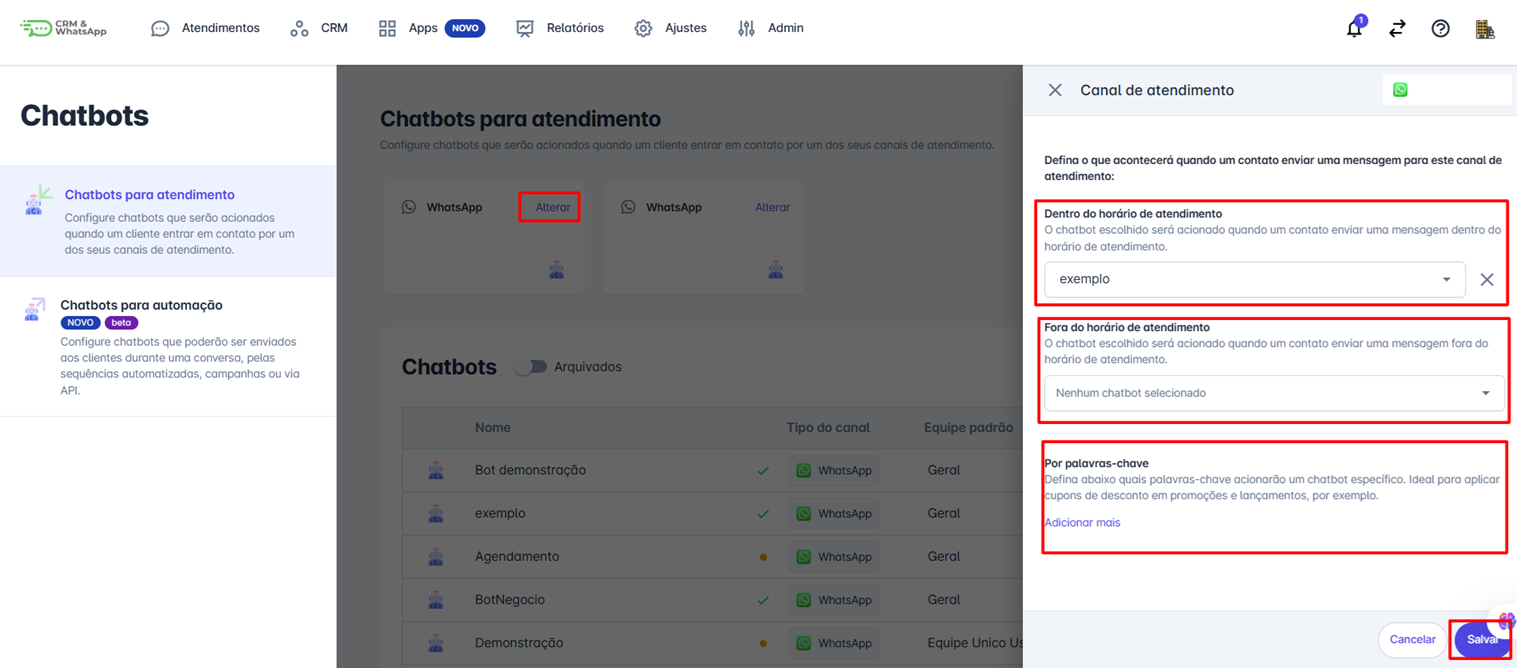 Configuração de palavras-chave