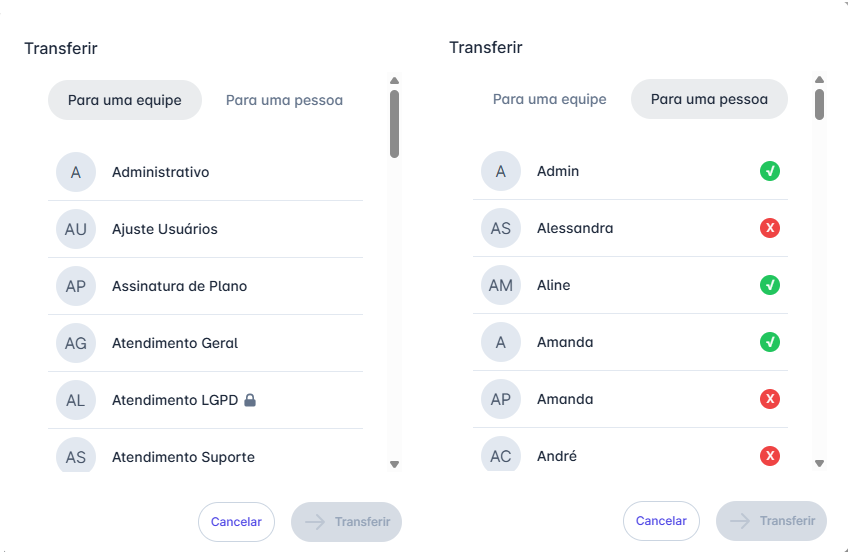 Opções de transferência